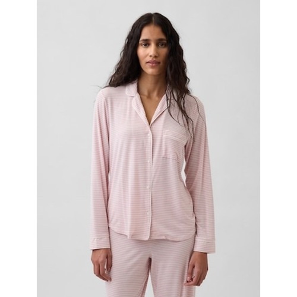 GapBody Dreamwell Pajama Top Womens Medium Pink Striped Long Sleeve Button Front